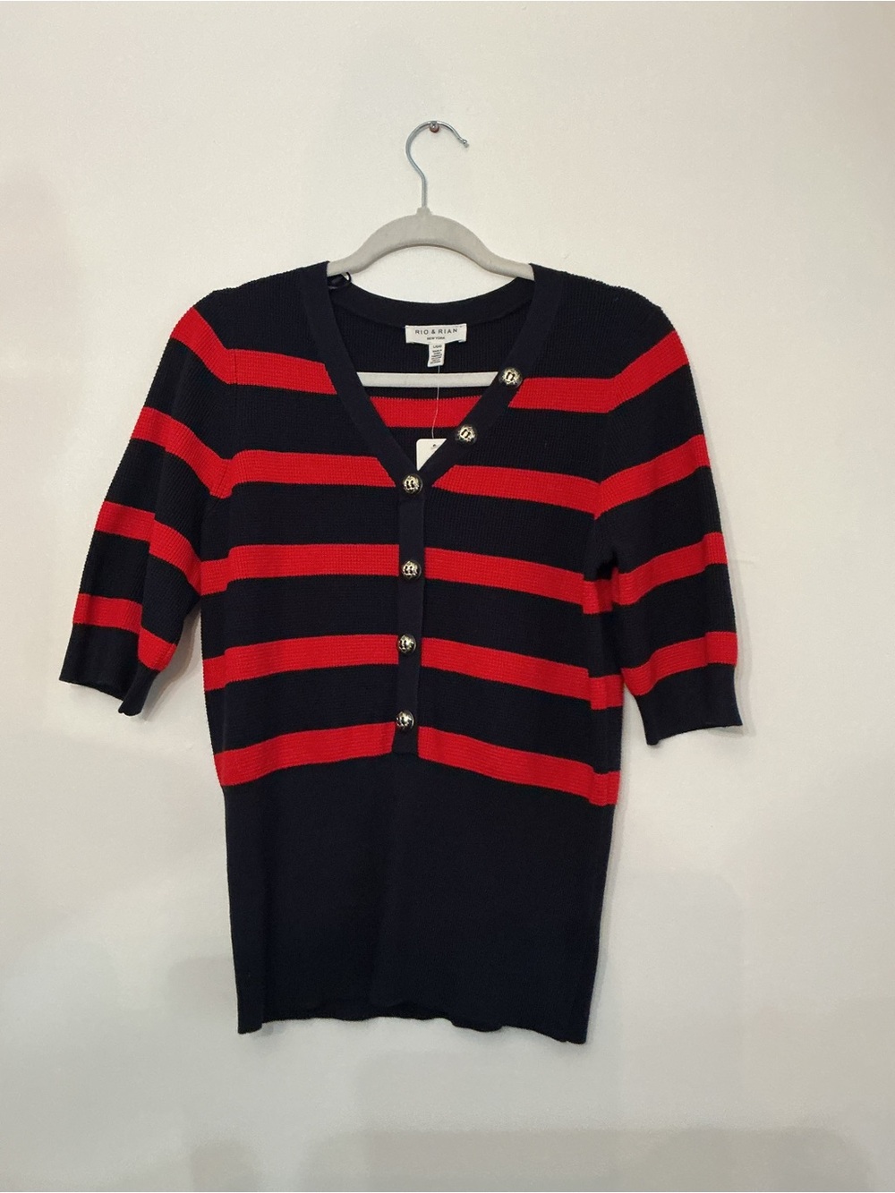 Striped V-Neck Button-Front Sweater Top in Navy & Red